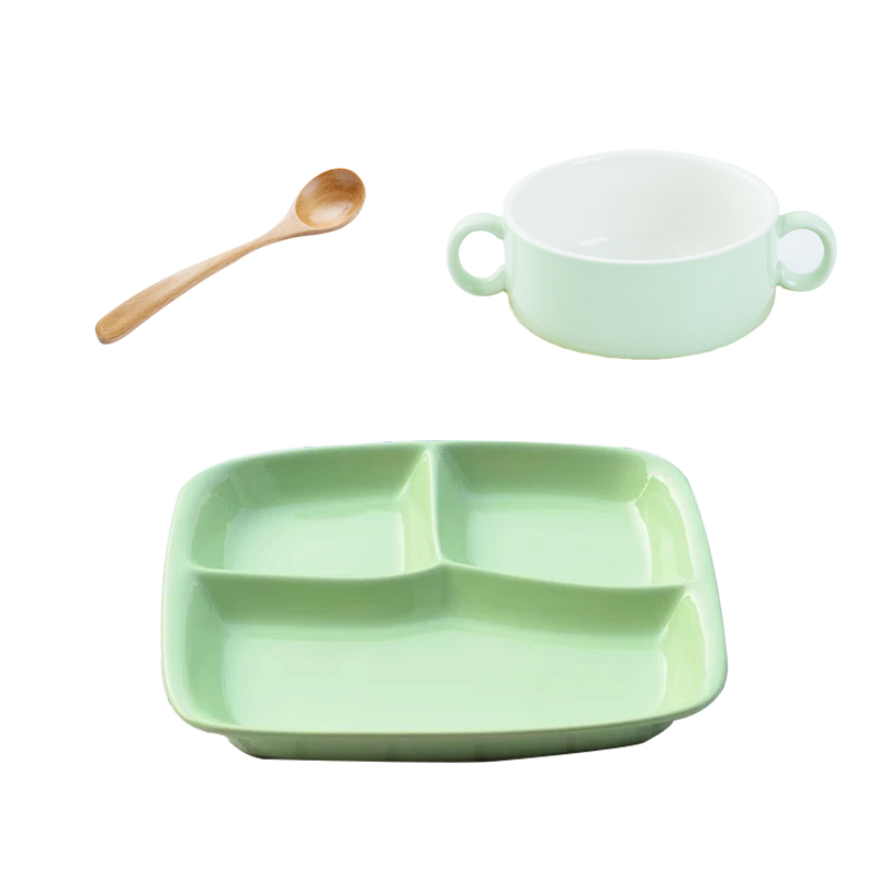 Children's Small 3 Pack (Green)Separate meals Dinner plate Grid ceramics plate breakfast Eat for one Tableware set Japanese  separate Tray meal plate dinner
