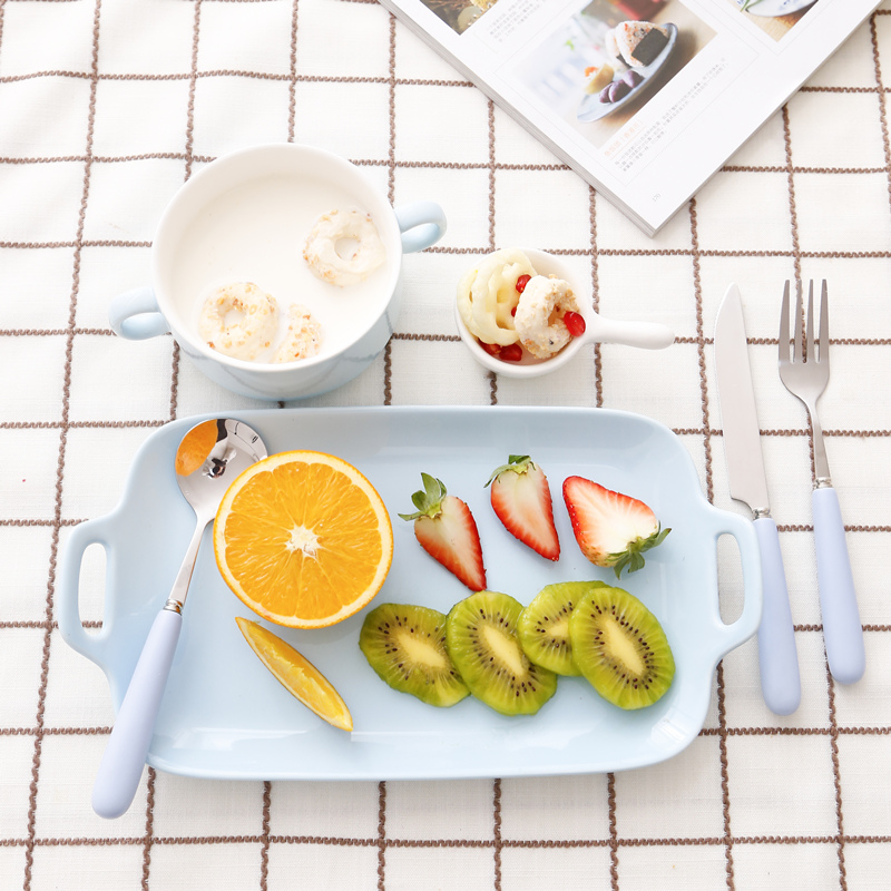 Rectangular Plate 5-Piece Set Meal (Blue)Separate meals Dinner plate Grid ceramics plate breakfast Eat for one Tableware set Japanese  separate Tray meal plate dinner