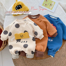 Baby big polka dot crawler suit autumn and winter suit male and female baby fleece tied feet hai clothes newborn cartoon thick jumpsuit
