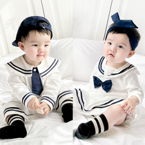 Male and female babies navy collar brother and sister outfit long-sleeved jumpsuit baby super cute hai clothes newborn crawling suit outing outfit