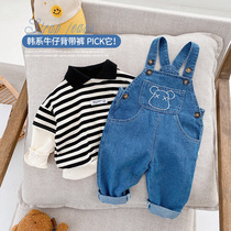 Childrens denim suspenders spring and autumn clothes boys jeans girls foreign pants casual jumpsuits loose pants