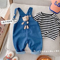 Baby bear suspenders 0-3 years old spring and autumn wear mens and womens baby foreign jeans childrens casual pants jumpsuit