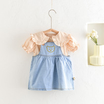 Baby girl denim harness skirt baby cub bear harness dress doll shirt suit foreign short sleeve shirt