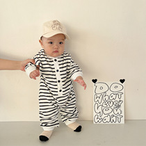 Korean version baby striped one-piece spring and autumn outfit super cute net celebrity male and female baby Ha clothes outing service newborn crawling suit