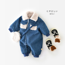 Baby denim one-piece winter coat with velvet thickened climbing suit for men and women baby foreign and cheerful newborn crawling suit for newborns to keep warm