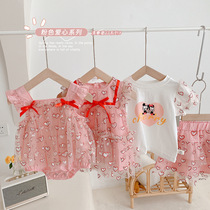 Childrens short sleeve short skirt set thin baby summer mesh vest skirt girls bag fart dress foreign jumpsuit