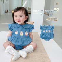 Baby 0-2 years old denim one-piece foreign summer thin baby girl cute fart coat crawler girl hai