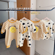 Internet celebrity baby jumpsuit 0-2 years old autumn dress foreign baby smiley face ha clothes bag fart shirt striped long sleeve climbing suit