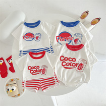 Baby jumpsuit foreign sibling outfit baby cola print hat short-sleeved shorts set summer thin