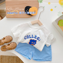 Kids casual suit summer boy and girl baby cartoon short-sleeved T-shirt top plaid shorts two-piece set thin trendy