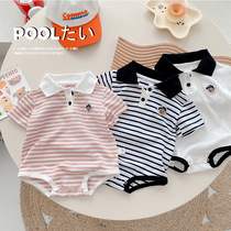 Baby striped polo collar 0-2 years old summer baby boy foreign bear one-piece newborn fart jacket