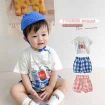 Kids 0-3 years old short sleeve shorts set summer thin men and women baby T-shirt plaid pants casual two-piece summer wear