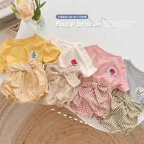 0-3 years old baby t-shirt girls cute set summer thin baby girl fashion short sleeve plaid shorts two-piece set