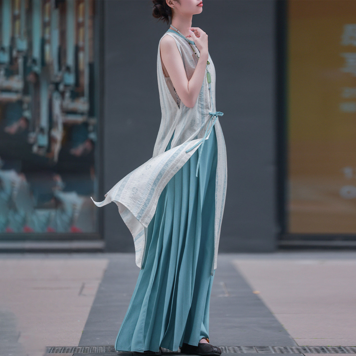 青峰金堂オリジナル明代漢服ラウンドネックロングベスト、綿混紡通気性夏用デイリースタイル