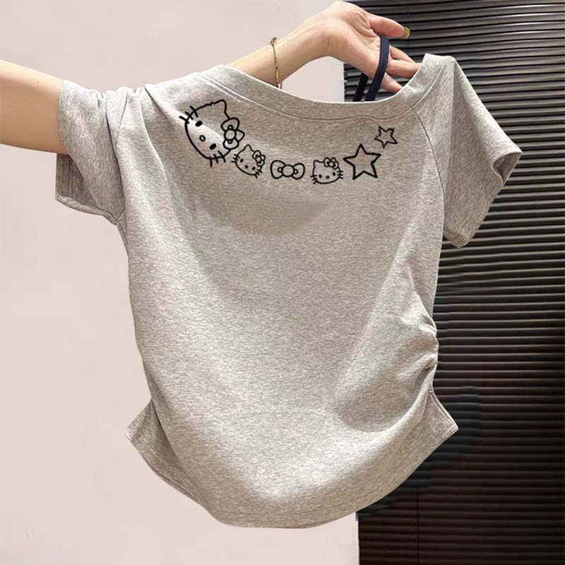 Girls' Gray Letter Print Waist-Cinching Ruched Short-Sleeve T-Shirt 2026 Summer New Style Off-Shoulder Strap High-End Top