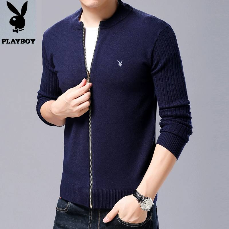 Áo len mùa thu Playboy nam áo len đan len len áo len đồng phục bóng chày đứng cổ áo dây kéo