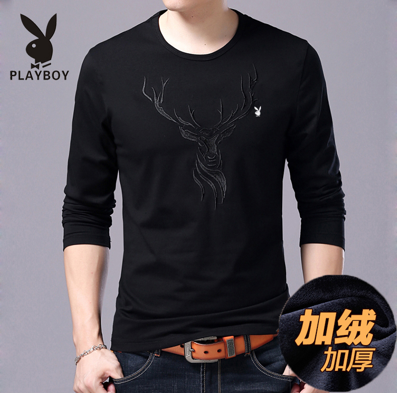 Playboy nam áo thun dài tay trẻ trung cổ tròn mùa đông ấm áp nam cotton áo sơ mi cộng với áo len nhung dày áo thun có cổ nam