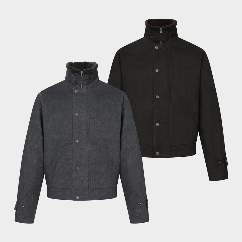 Borrowed Project Stand-Up Collar Lamb Wool Jacket Winter Dark Stripe Texture Half-High Collar Cotton Coat