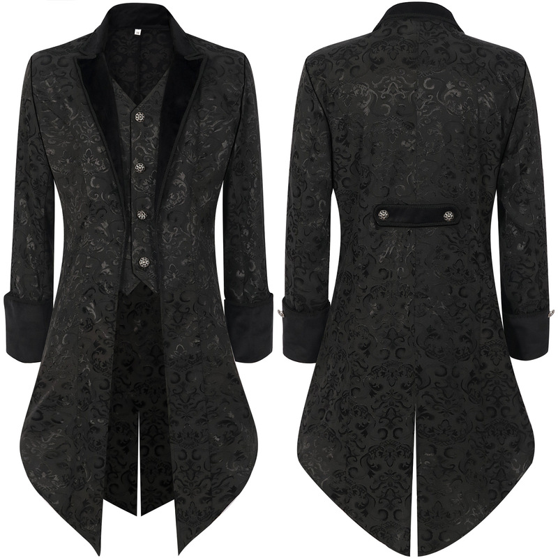 Black Vintage Dark Pattern Long Tailcoat Men's Medieval Stage Play Gentleman Performance Costume Long-Sleeved Frock Coat Black Vintage Dark Pattern Long Tailcoat Men's Medieval Stage Play Gentleman Performance Costume Long-Sleeved Frock Coat