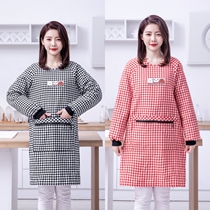 New cotton smock kitchen household long-sleeved apron for cooking with sleeves bear female adult work grid work