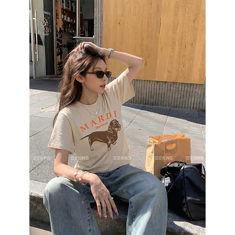 [Official Genuine Product] Short Mardi Dachshund Shoulder-T-Shirt for Women 2026 New Korean Style American Short Top