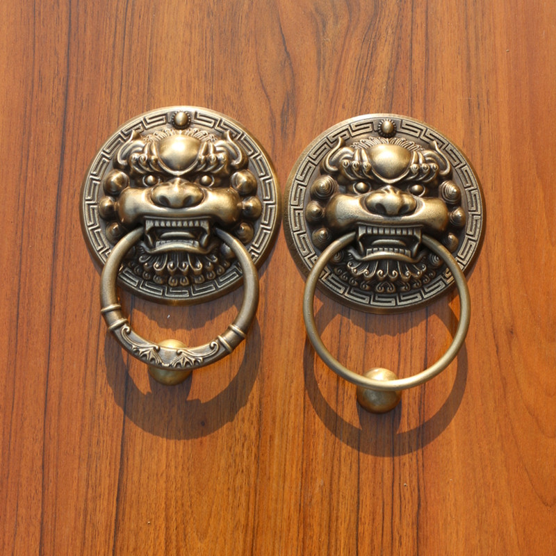 Lion head bronze handle Chinese style pull ring Kirin wooden door gate tiger head door ring retro antique pure bronze beast head handle