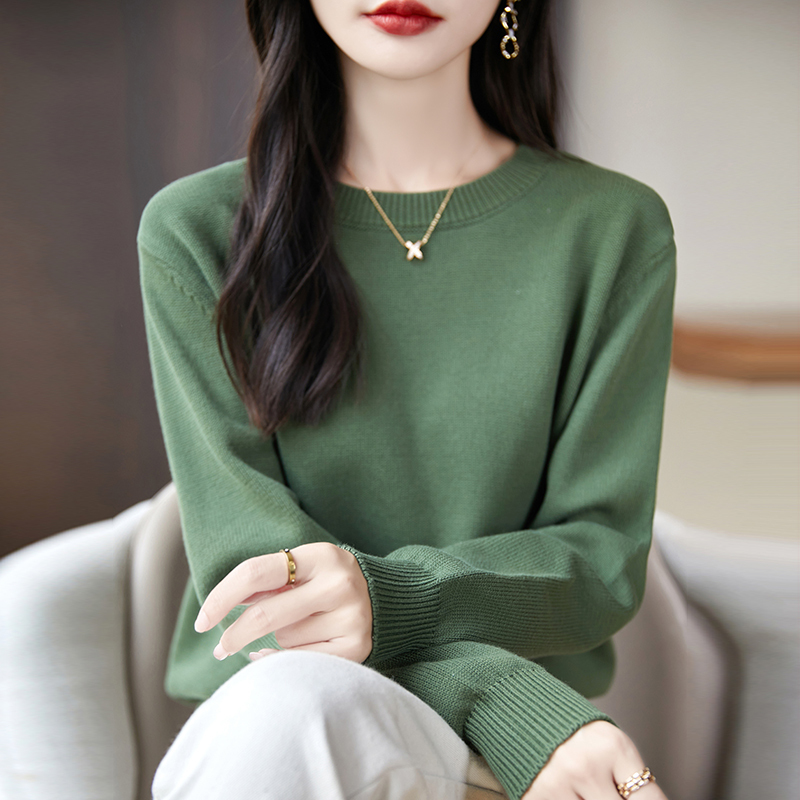 2024 New Style Pure Cotton Round Neck Base Shirt for Women, Loose Knit Top with Long Sleeves for Spring, Autumn, and Winter