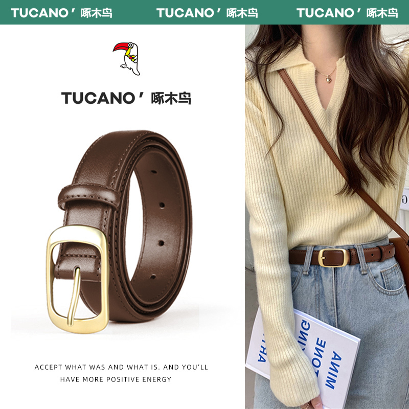 Woodpecker Genuine Leather Belt for Women 2025 New Style Cowhide Belt Simple Versatile Korean Style with Jeans Pin Buckle Belt
