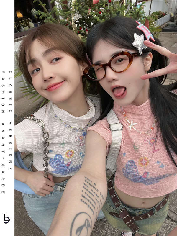 Sweet and Cool Dopamine Outfit Pink Graffiti High-Waisted Short-Sleeved T-Shirt for Women Summer Slim-Fit Short Crop Top