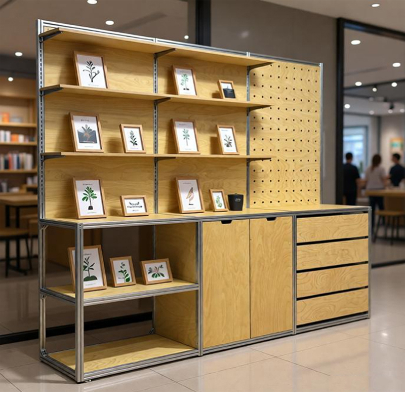 Aluminum Profile Birch Marine Board Display Stand Modern Commercial Light Luxury Display Cabinet Pegboard Storage Shelf Container