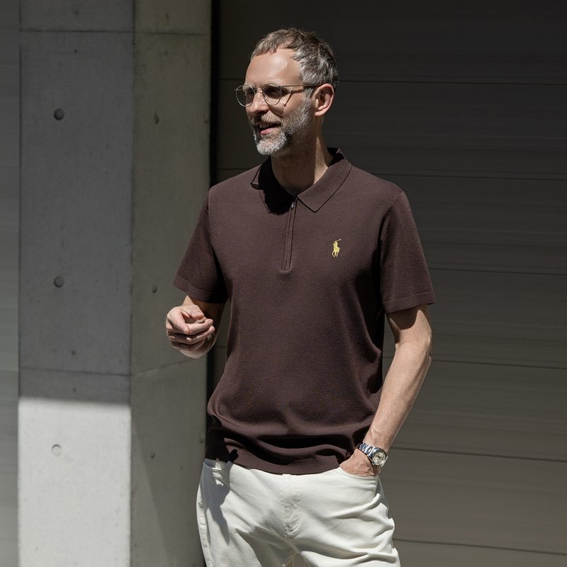 Edot 【Father's Day Gift】 Summer Ice Silk Short-Sleeve Men's Old Money Knitted Polo Shirt with Zipper and Turn-Down Collar T-Shirt