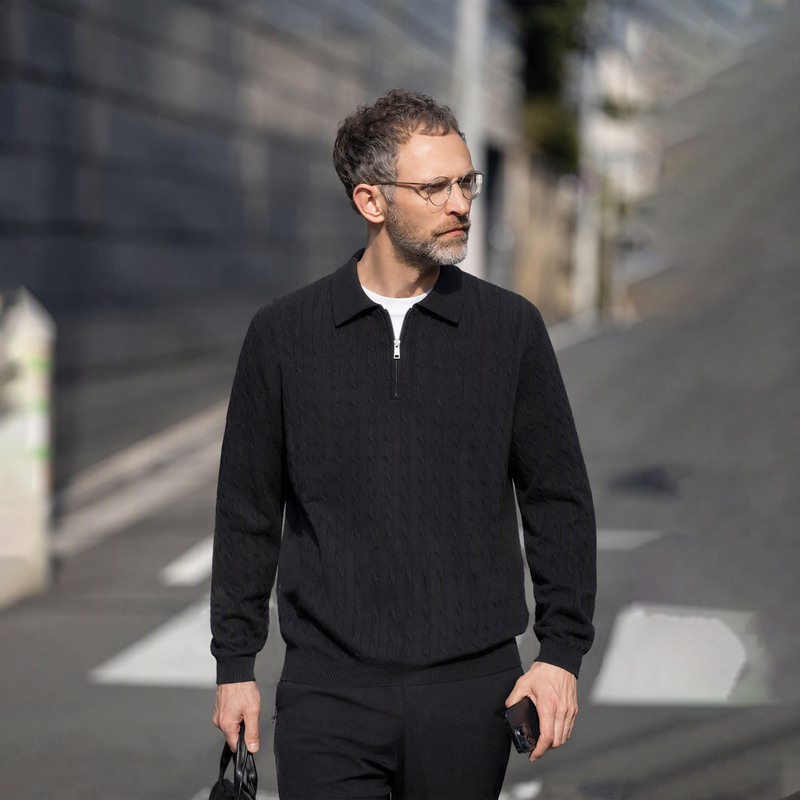 Edot [Contains Cashmere] Lyocell Cable Knit Sweater for Men, Autumn and Winter Half-Zip Long Sleeve Knitted Polo Shirt