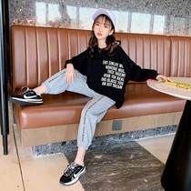 Girls 2021 Autumn Korean Long Sleeve Knitted Sweatshirt Set Western Chinese Children Casual Pants Two-piece Set