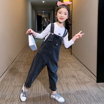 Girls autumn dress Korean shoulder denim strap pants set little girl casual foreign style long sleeve childrens clothing two-piece tide