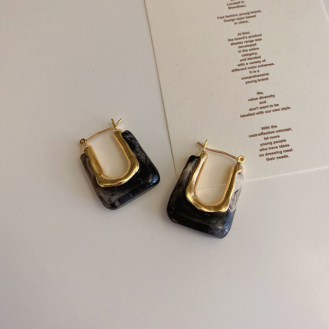 Grey Square Earrings & 925 Silver Needle & Gold PlatingSilver needle French Retro geometry Metal resin Earrings female the republic of korea temperament personality fashion Ear Studs Earrings Cold wind