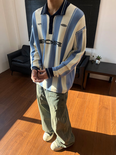 BeOurRule americano retro a rayas cuello polo deportes jersey suéter suelto hombres y mujeres suéter de moda invierno