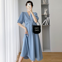 Pregnant woman summer dress blouse Summer Fashion V lead over knee loose temperament Even dress Summer out for lactation Dress