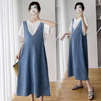 Pregnant Woman Summer Clothing Suit Jacket Blouse Summer Fashion style short sleeve T-shirt loose denim harness skirt Two sets dress dress