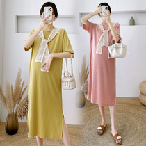 Pregnant woman summer dress short sleeve blouses Summer skirts Han version Fashion open fork over knee loose ice-cotton pregnant woman with dress