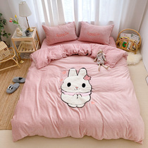 (Flower face cat)Winter double-sided cotton coral velvet four-piece set of Falai velvet patch embroidery double bed bedding