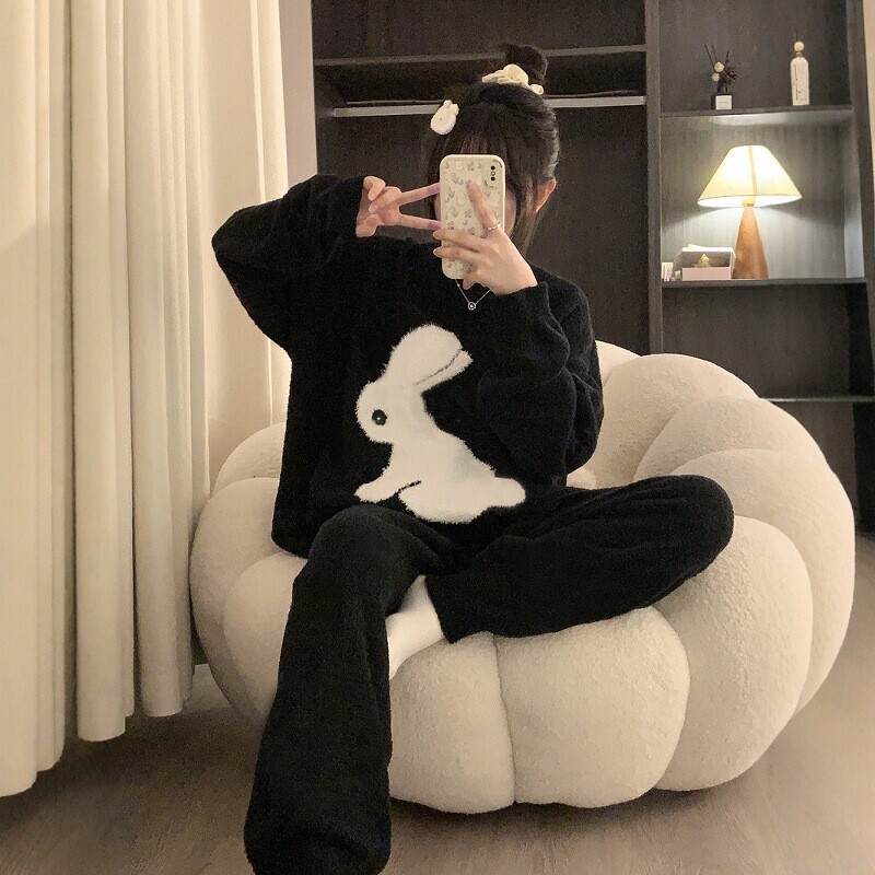 Cute Rabbit Half-Velvet Pajamas for Women 2026 New Autumn and Winter Thickened Coral Velvet Set Can Be Worn Outside Winter Style Cute Rabbit Half-Velvet Pajamas for Women 2026 New Autumn and Winter Thickened Coral Velvet Set Can Be Worn Outside Winter Style