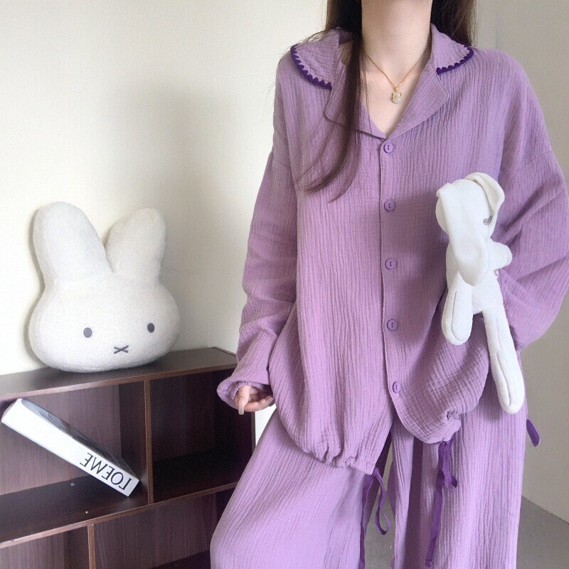 Spring and Autumn Simple Style Purple Large Size Pure Cotton Gauze Pajamas, Autumn Women's 2026 New Double-Layer Gauze Long-Sleeved Loungewear