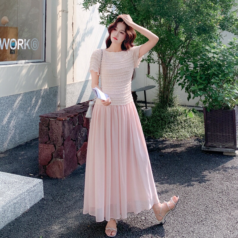Seaside Tyndall Pink Bubble Pleated Short-Sleeve Dress, Summer Fairy-Like Fluttering Ballet Style, French Thai Princess Style