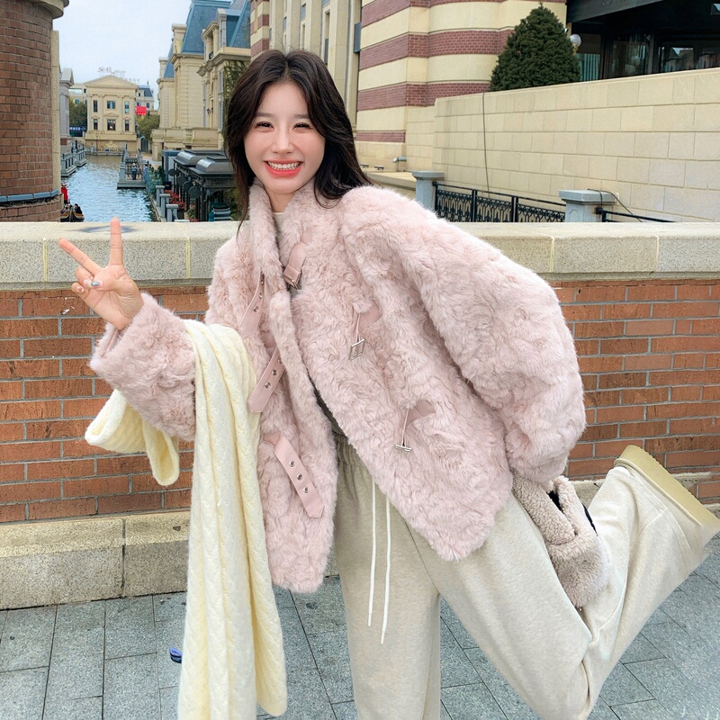 Pink Fur Integrated Coat for Women 2026 Winter New Style Stand Collar Button Eco-Friendly Fur Loose Short Lamb Wool Coat