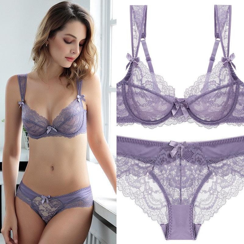 European and American Sexy Lace Lingerie, Ultra-Thin Breathable Bow-Knot French-Style Lingerie, Large Bust Minimizing Anti-Sagging Bra Set