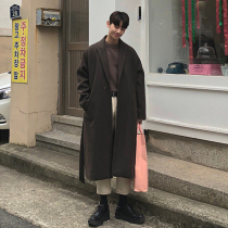 New loose wool woolen coat mens long knee Korean windbreaker coat mens woolen coat winter thickened