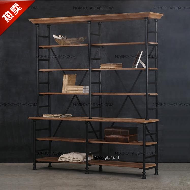 American country loft wrought iron old rack iron wood dining cabinet display rack storage rack retro solid wood bookshelf