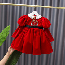 21 Red Winter Lolita Long-sleeved Girls Puff Sleeves Festive Temperament Velvet New Year Dress Spanish Princess Dress