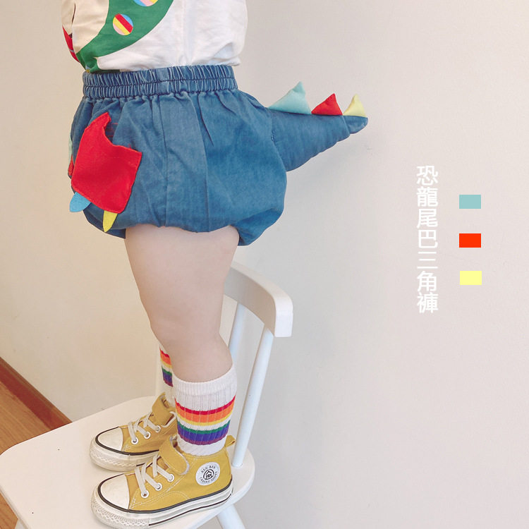 Summer style children's clothing children jeans shorts dinosaur tail pants bread pants male and female children triangle PP pants black ultra short sleeves T