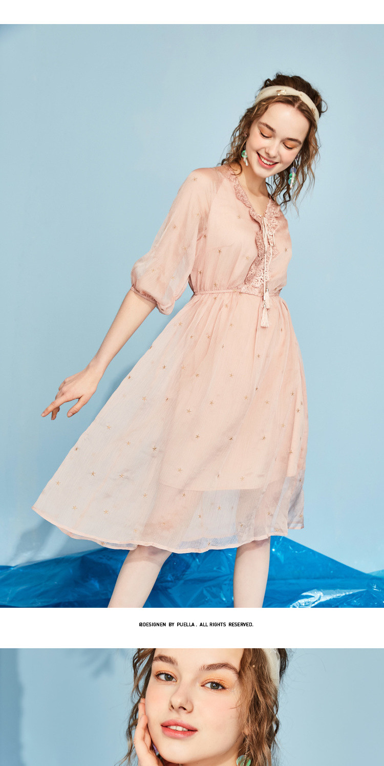 Đầm voan tay phồng váy công chúa nữ 2019 hè retro eo cao buông tha phần dài v-cổ váy - Váy eo cao đầm xoắn eo
